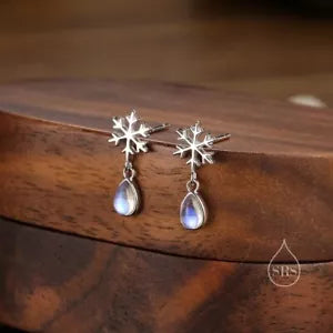 925 Sterling Silver Snowflakes Natural Moonstone Dangle Earrings For Christmas