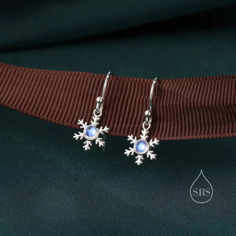 925 Sterling Silver Round Natural Moonstone Snowflakes Earrings For Christmas