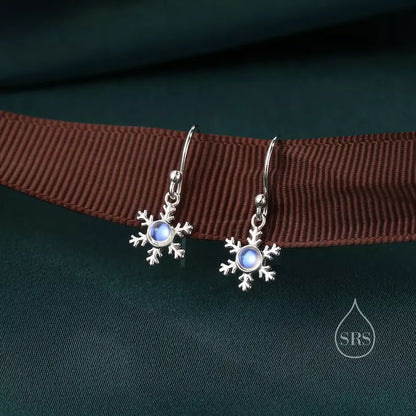 925 Sterling Silver Round Natural Moonstone Snowflakes Earrings For Christmas