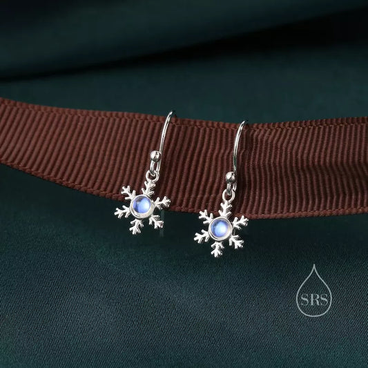 925 Sterling Silver Round Natural Moonstone Snowflakes Earrings For Christmas