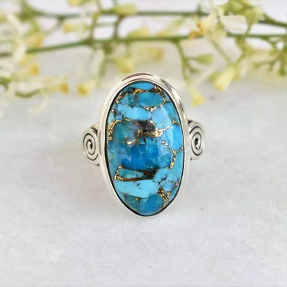 925 Sterling Silver Ring Natural Blue Copper Turquoise Gemstone Women Jewelry