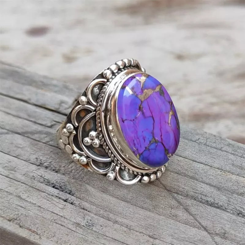 925 Sterling Silver Handmade Women Ring Purple Copper Turquoise Stone Jewelry