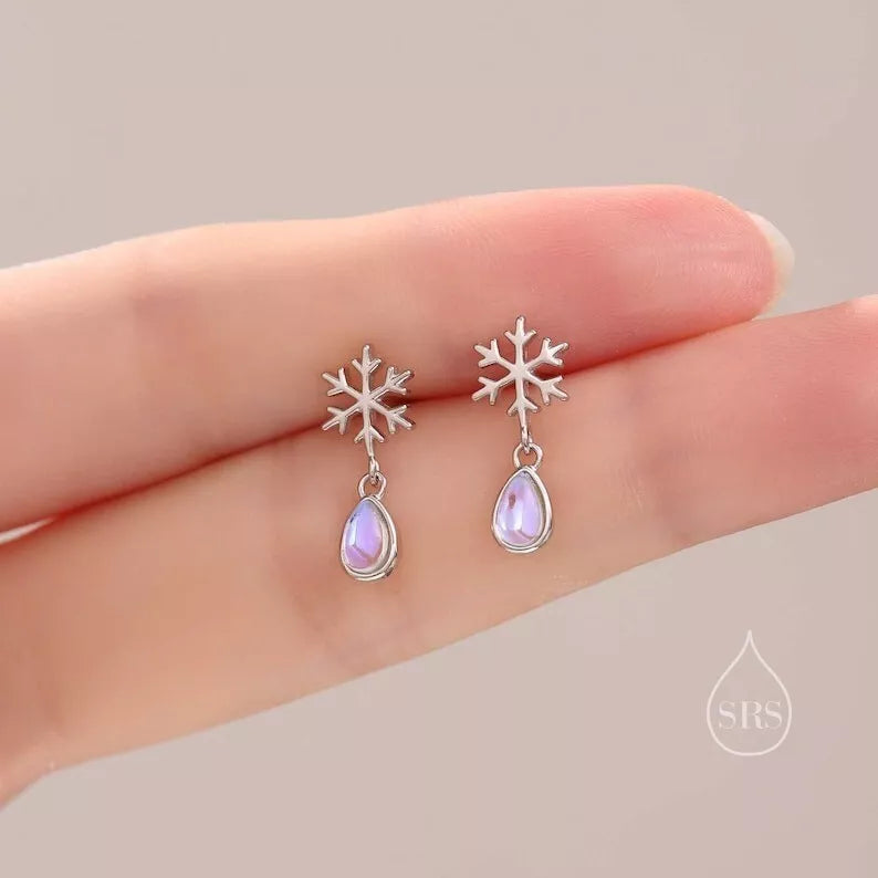 925 Sterling Silver Snowflakes Natural Moonstone Dangle Earrings For Christmas