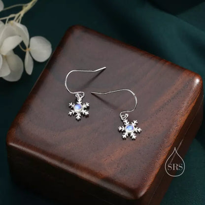 925 Sterling Silver Round Natural Moonstone Snowflakes Earrings For Christmas