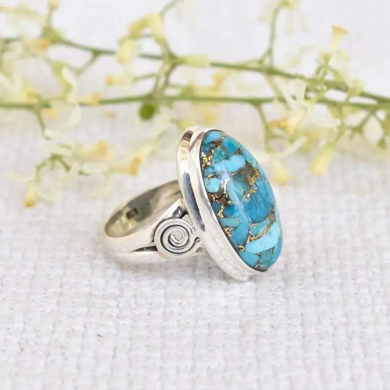 925 Sterling Silver Ring Natural Blue Copper Turquoise Gemstone Women Jewelry
