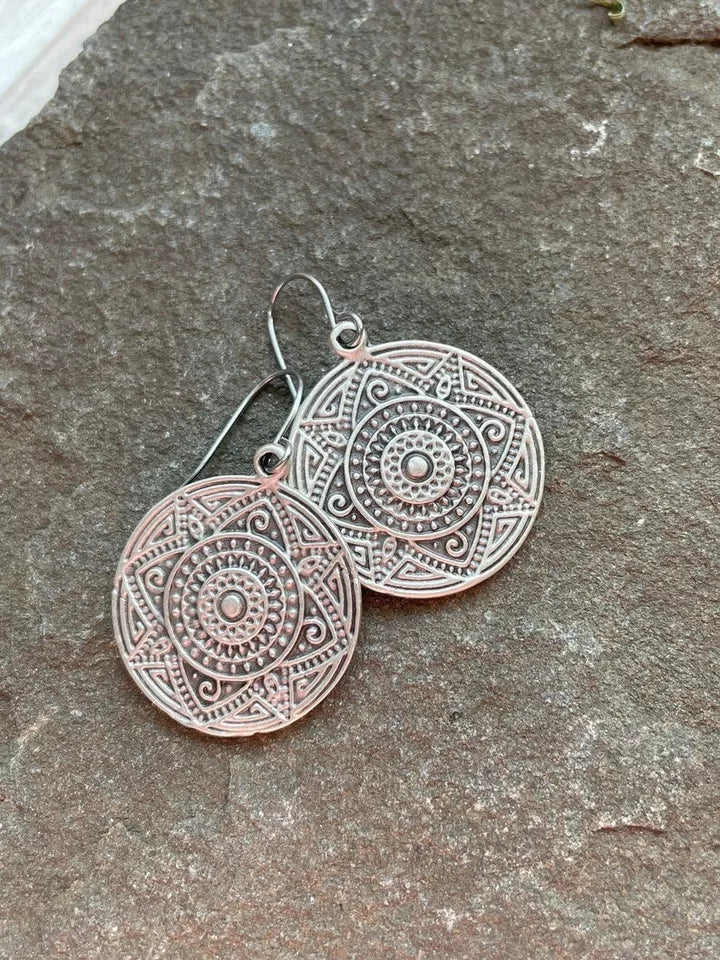 925 Sterling Silver Round Boho Style Dangle Earrings For Elegant Look Handmade