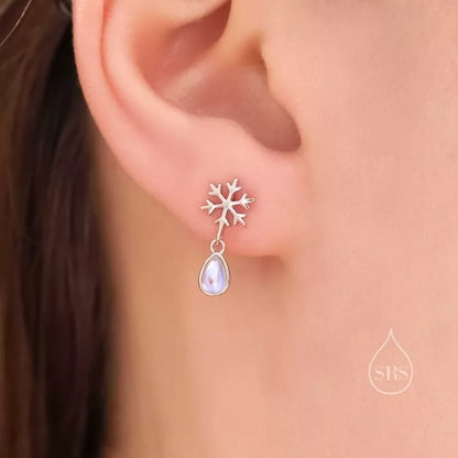 925 Sterling Silver Snowflakes Natural Moonstone Dangle Earrings For Christmas