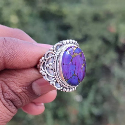 925 Sterling Silver Handmade Women Ring Purple Copper Turquoise Stone Jewelry