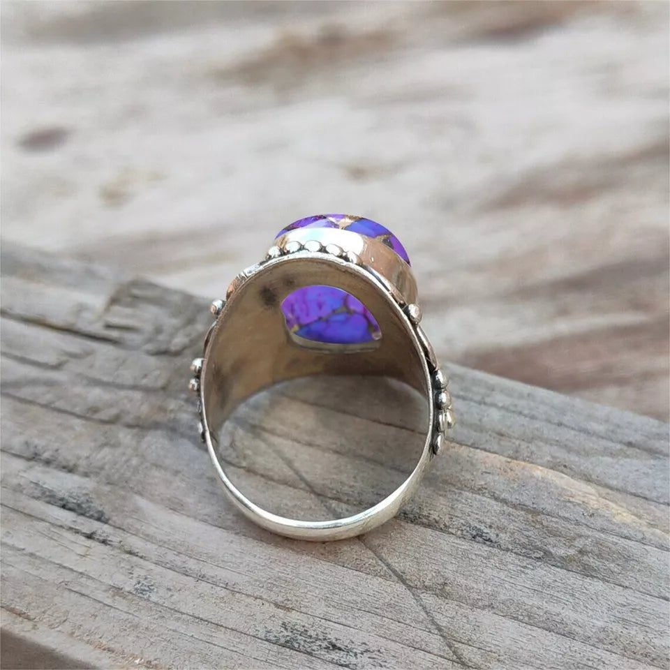 925 Sterling Silver Handmade Women Ring Purple Copper Turquoise Stone Jewelry